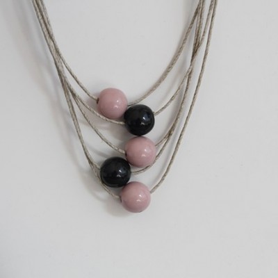 Collier en lin vieux rose et gris anthracite